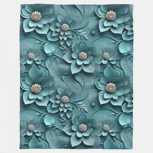 Eleganter 3D Floral Relief Aquamarin Fleecedecke (Vorderseite)