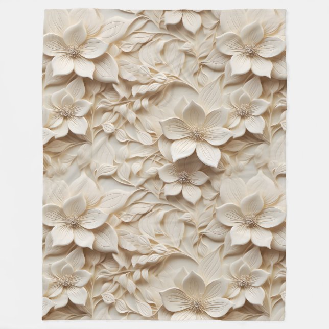 Eleganter, 3D-Stilweißer Flora Relief Fleecedecke (Vorderseite)