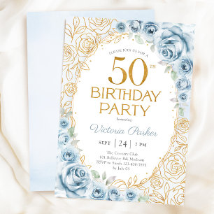 Eleganter 50. Geburtstag Dusty Blue Gold Floral Einladung