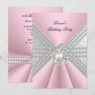 Eleganter 50. Geburtstag Silber Rosa Diamant Perle Einladung