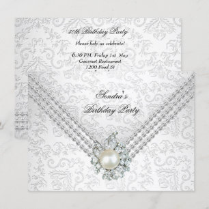 Eleganter 50. Geburtstag Silber Weiß Diamant Perle Einladung