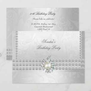 Eleganter 50. Geburtstag Silber Weiß Diamant Perle Einladung