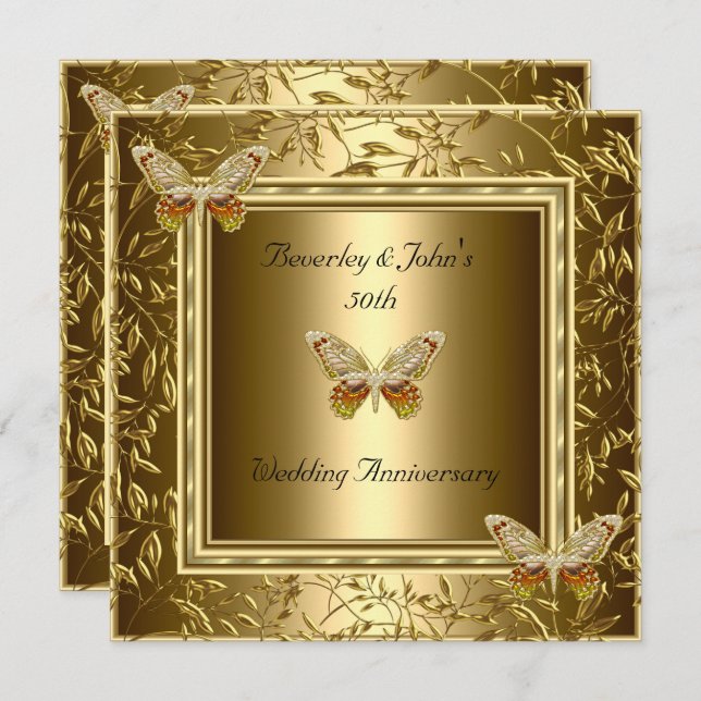 Eleganter 50. Hochzeitstag Gold Butterfly Einladung (Vorne/Hinten)