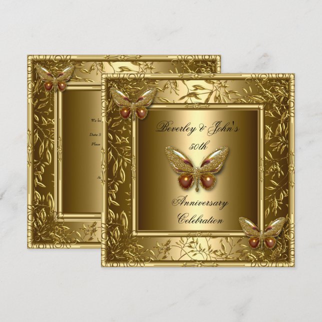 Eleganter 50. Hochzeitstag Gold Butterfly Einladung (Vorne/Hinten)