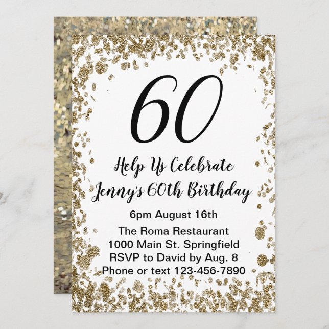 Eleganter 60. Geburtstag Einladung für sie in Gold (Vorne/Hinten)