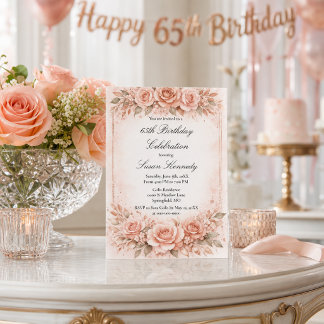 Eleganter 65. Meilenstein-Blush-Rosen-Geburtstag Einladung