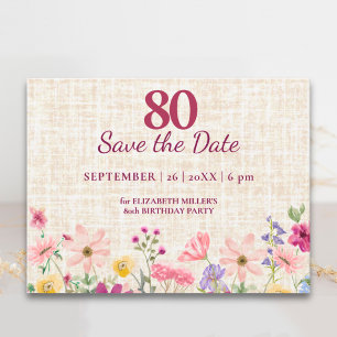 Eleganter 80. Geburtstag für sie - Leinen Floral Ankündigungspostkarte