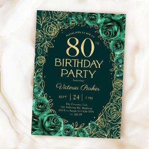 Eleganter 80. Geburtstag Smaragdgrün Gold Blumen Einladung
