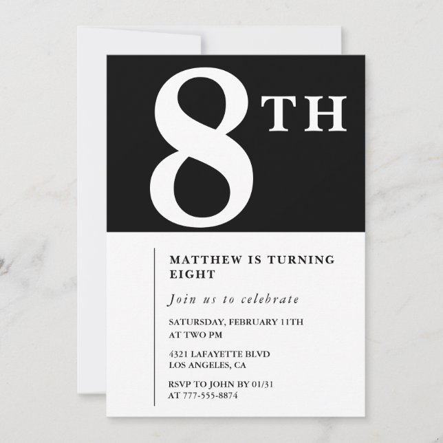 Eleganter 8. Geburtstag Einladung Black Chic Boy (Vorderseite)