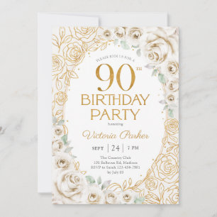 Eleganter 90. Geburtstag Creme Gold Floral Einladung