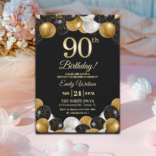 Eleganter 90. Geburtstag mit schwarzem Goldglitter Einladung