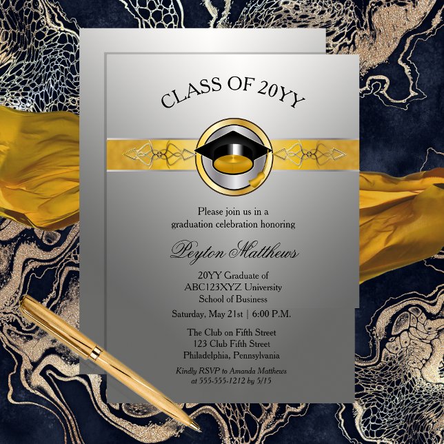 Eleganter Abschluss der Modernen Goldenen Universi Einladung (Elegant Modern Gold and Silver Tone University Graduation Invitations -- Print | Digital Download)