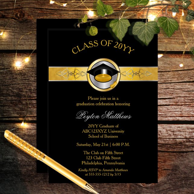 Eleganter Abschluss der Modernen Goldenen Universi Einladung (Elegant Modern Gold Tone College or University Graduation Invitation -- Print and/or Download)
