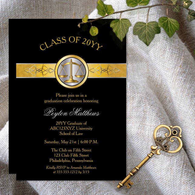 Eleganter Abschluss der modernen Goldlaw School Einladung (Elegant Modern Gold Tone and Black Law School Lawyer | Attorney Graduation Announcement | Invitation)