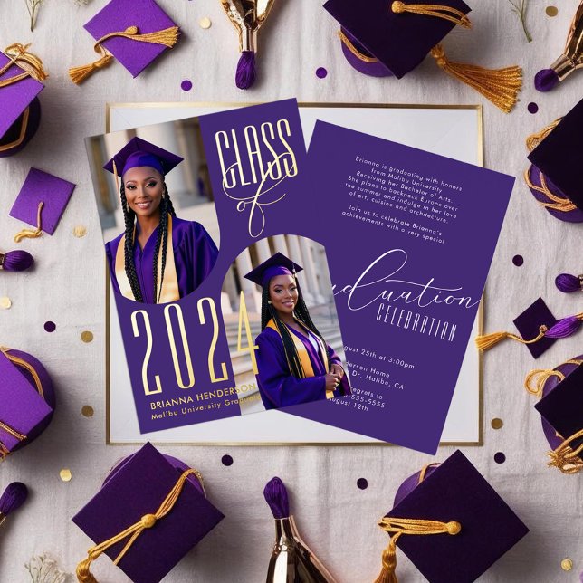 Eleganter Abschluss für Lila und Gold Foto Folieneinladung (Purple and Gold Foil Graduation Invitations with arched photo spaces.)