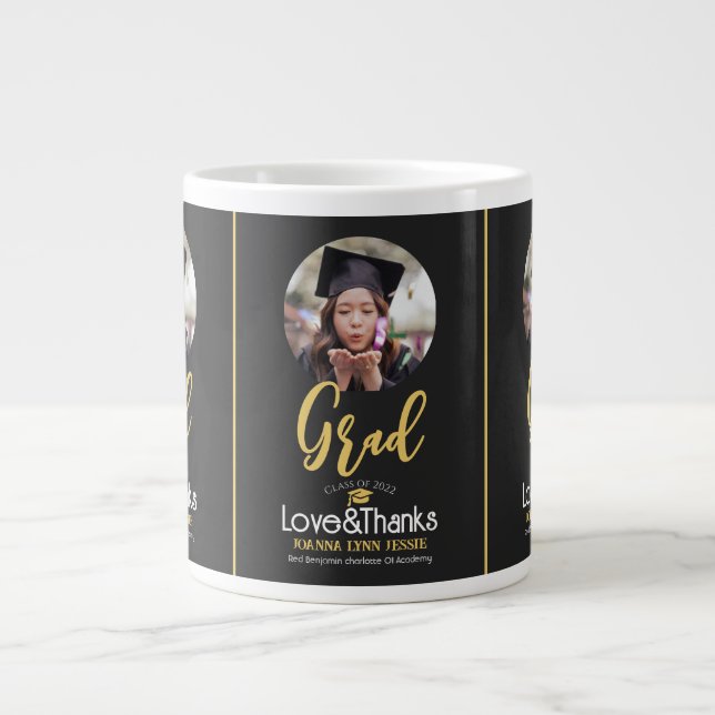 Eleganter Abschluss Gold Cap Danke Script Foto Jumbo-Tasse (Vorderseite)