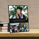 Eleganter Abschluss grad 3 Foto Collage Gold schwa Fotoplatte<br><div class="desc">Stilvolle,  einzigartige,  schlichte Schwarz-Gold-modische Kalligraphie-Script-Glückwunsch zum grad Foto-Gitter Collage Abschluss gratuliert chic Keepake-Plakette mit drei benutzerdefinierten Fotos und Ihrem Text.                     Persönliche Gestaltung mit Ihren Bildern und Texten!</div>