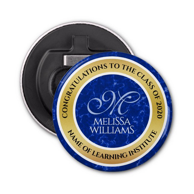 Eleganter Abschluss Monogram Blue Marble Gold Foil Flaschenöffner (Vorderseite)