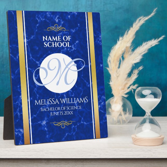 Eleganter Abschluss Monogram Blue Marble Gold Foil Fotoplatte (Seite)