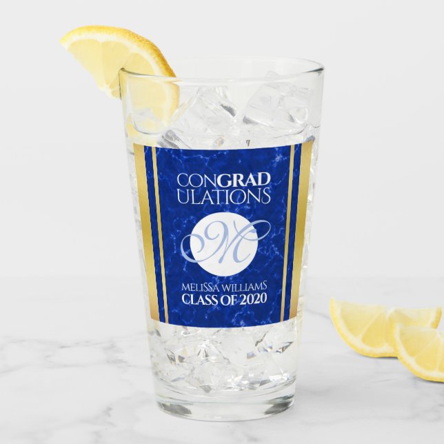 Eleganter Abschluss Monogram Blue Marble Gold Foil Glas (Vorderseite Ice)