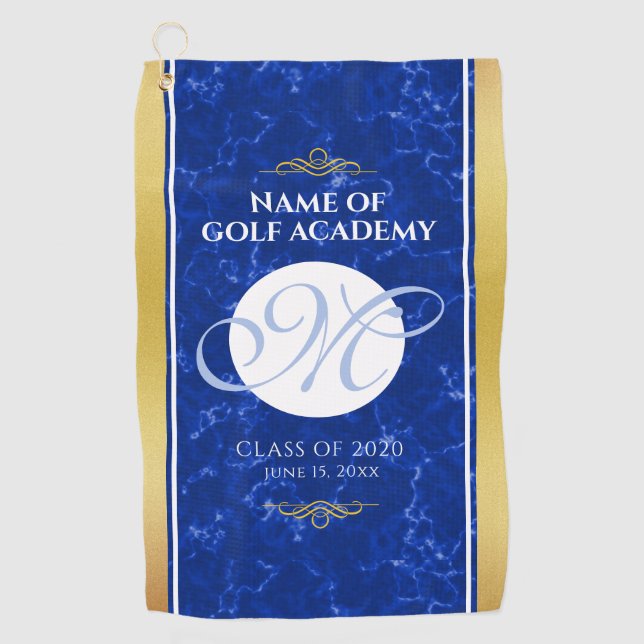 Eleganter Abschluss Monogram Blue Marble Gold Foil Golfhandtuch (Vorderseite)