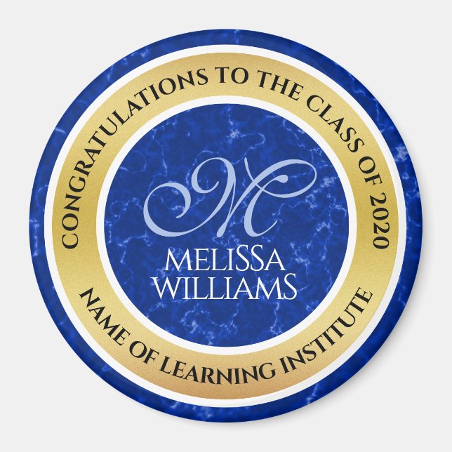 Eleganter Abschluss Monogram Blue Marble Gold Foil Magnet (Vorne)