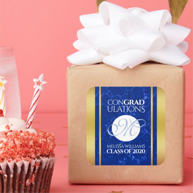 Eleganter Abschluss Monogram Blue Marble Gold Foil Quadratischer Aufkleber (Party)