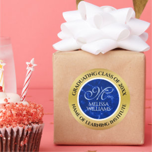 Eleganter Abschluss Monogram Blue Marble Gold Foil Runder Aufkleber