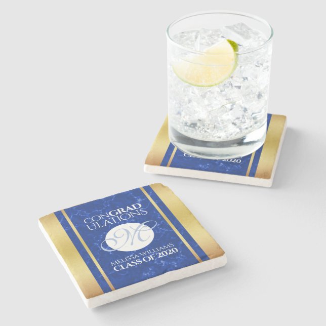 Eleganter Abschluss Monogram Blue Marble Gold Foil Steinuntersetzer (Seitenansicht)