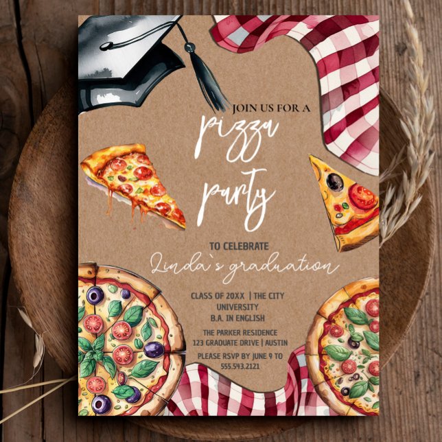 Eleganter Abschluss Pizza Einladung (Elegant Watercolor Graduation Pizza Invitation #craftpaper #zazzlemade #kraftpaper #watercolorpizza)