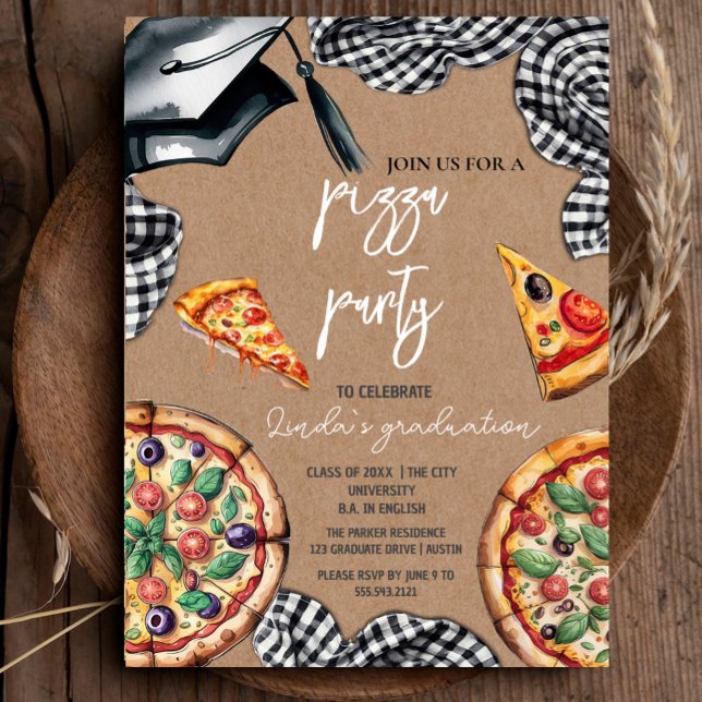 Eleganter Abschluss Pizza Einladung (Elegant Watercolor Graduation Pizza Invitation #zazzlemade #rusticgraduation #craftpaper #pizzaparty)