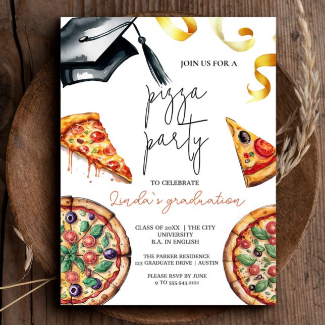 Eleganter Abschluss Pizza Einladung (Elegant Watercolor Graduation Pizza Invitation #zazzlemade #pizzagraduation #pizzaparty #grduate)