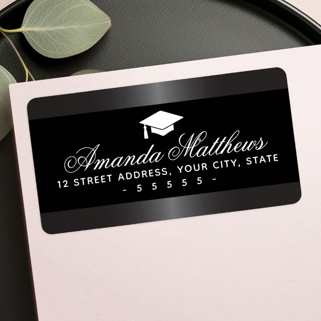 Eleganter Abschluss, schwarz und satingrau Adressaufkleber (Elegant graduation black and satin gray border label)