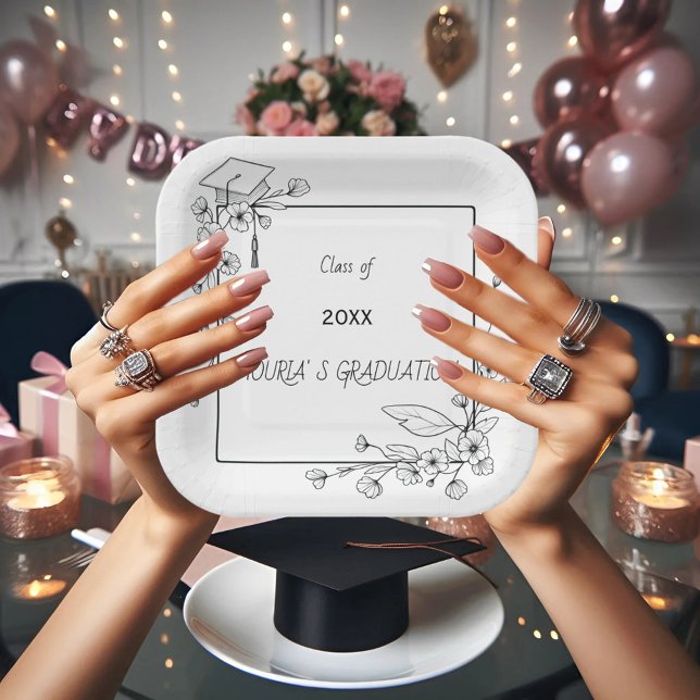 Eleganter Abschluss Schwarz-Weiß-Blumengrenze Pappteller (Von Creator hochgeladen)