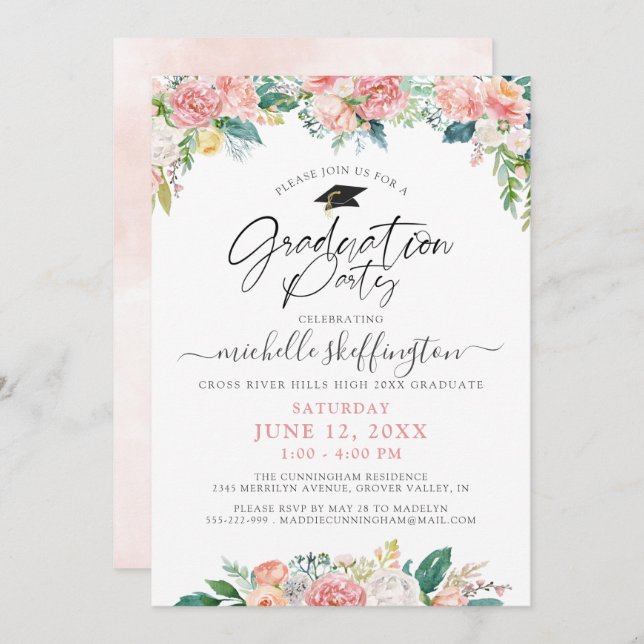Eleganter Abschluss Watercolor Blumenschrift Rosa Einladung (Vorne/Hinten)