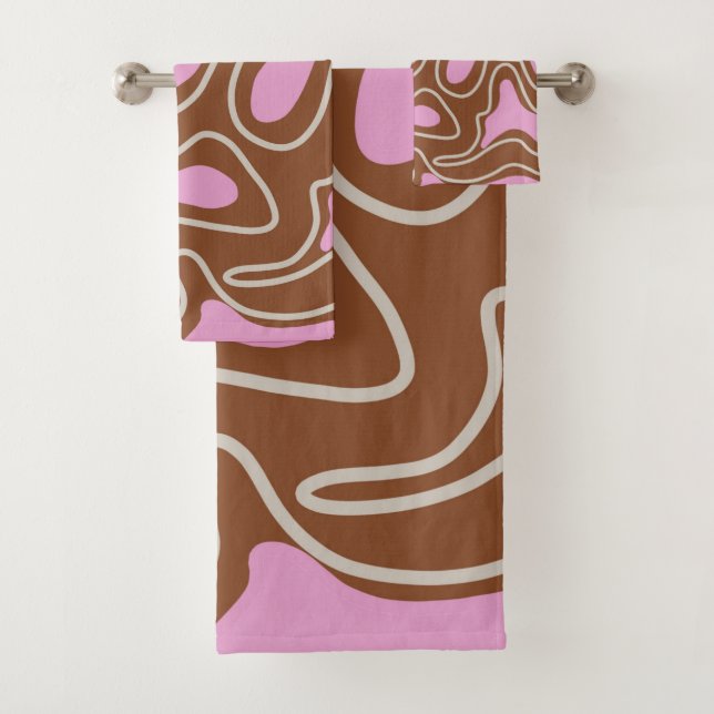Eleganter Abstrakt-brauner rosa Wavy Stripe Modern Badhandtuch Set (Insitu)