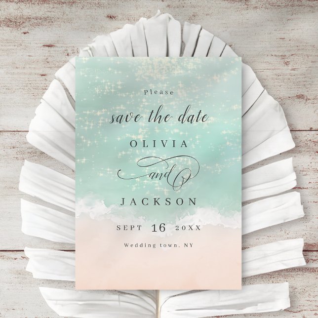 Eleganter abstrakter, glitzernder Strand Save The Date (Elegant abstract sparkling ocean beach save the date)