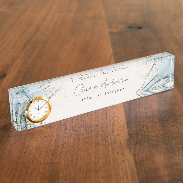 Eleganter Abstrakter Wasserfarben Blauer goldener  Namensplakette (Seite)