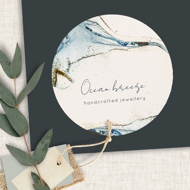 Eleganter Abstrakter Wasserfarben Blauer goldener  Runder Aufkleber (Von Creator hochgeladen)