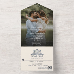 Eleganter alter Schlossherrenhaus-Hochzeitsfoto-QR All In One Einladung