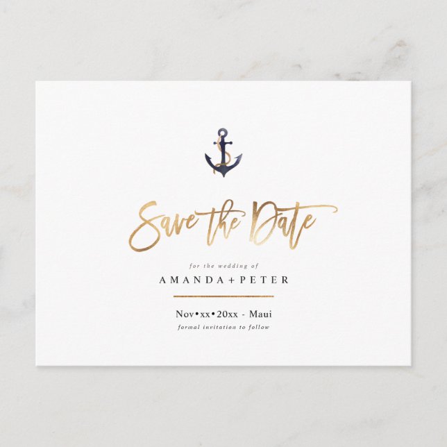 Eleganter Anker, Save the Date nautisch Postkarte (Vorderseite)