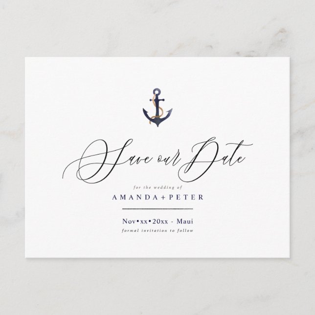 Eleganter Anker, Save the Date nautisch Postkarte (Vorderseite)