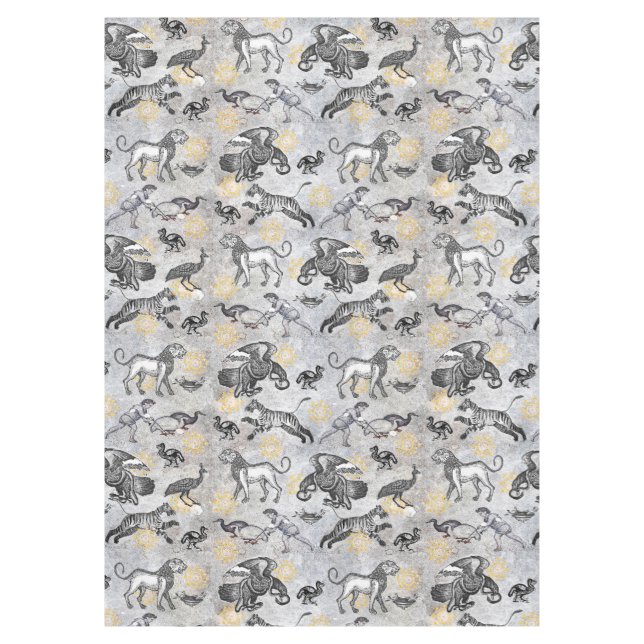 Eleganter antiker Mosaik Gray Gold Tiger Lion Eagl Tischdecke (Vorderseite)