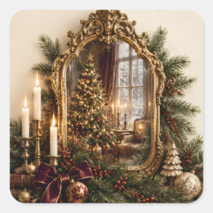 Eleganter Antiker Spiegel Weihnachten, Vintage Eur Quadratischer Aufkleber