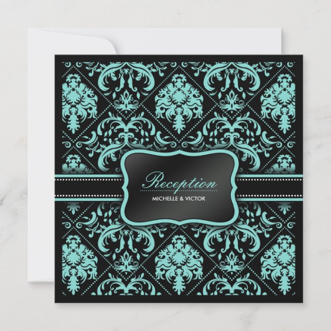 Eleganter Aqua Blue und Black Damask Empfang Einladung (Vorderseite)