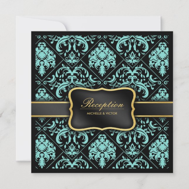 Eleganter Aqua Blue und Black Damask Empfang Einladung (Vorderseite)