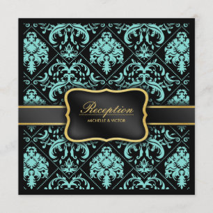 Eleganter Aqua Blue und Black Damask Empfang Einladung