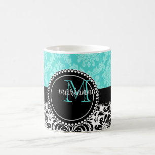 Eleganter Aqua-Schwarz-Damast personalisiert Tasse