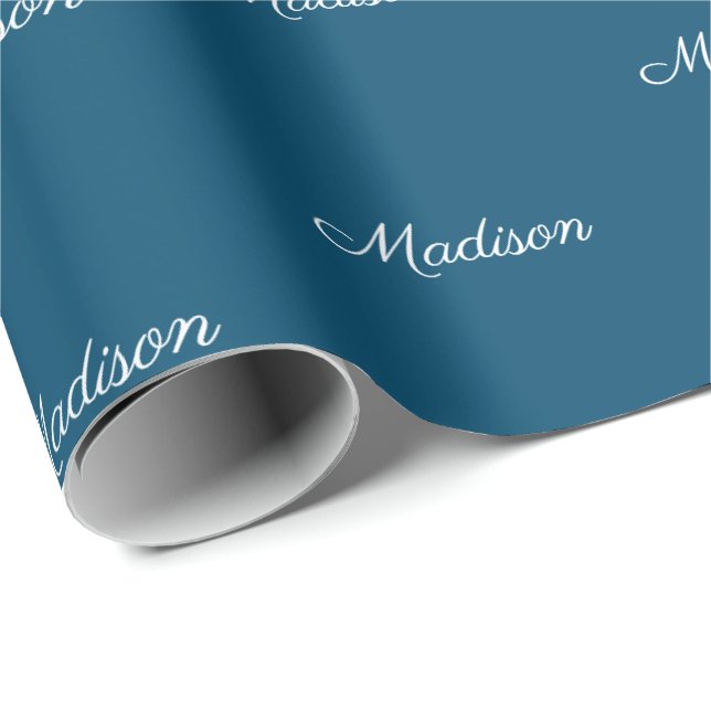 Eleganter aquamarin-Blue-Script-individuelle Name  Geschenkpapier (Rolleneckpunkt)