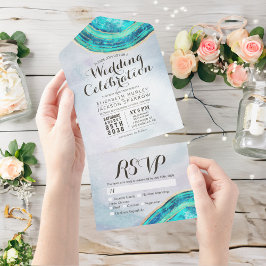 Eleganter Aquamarin- und Goldgeode-Slice-Hochzeits All In One Einladung